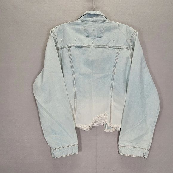 Womens Light Wash Peplum Destructed Hem Detail Jacket Stylish Windbreak size XL - Picture 2 of 16